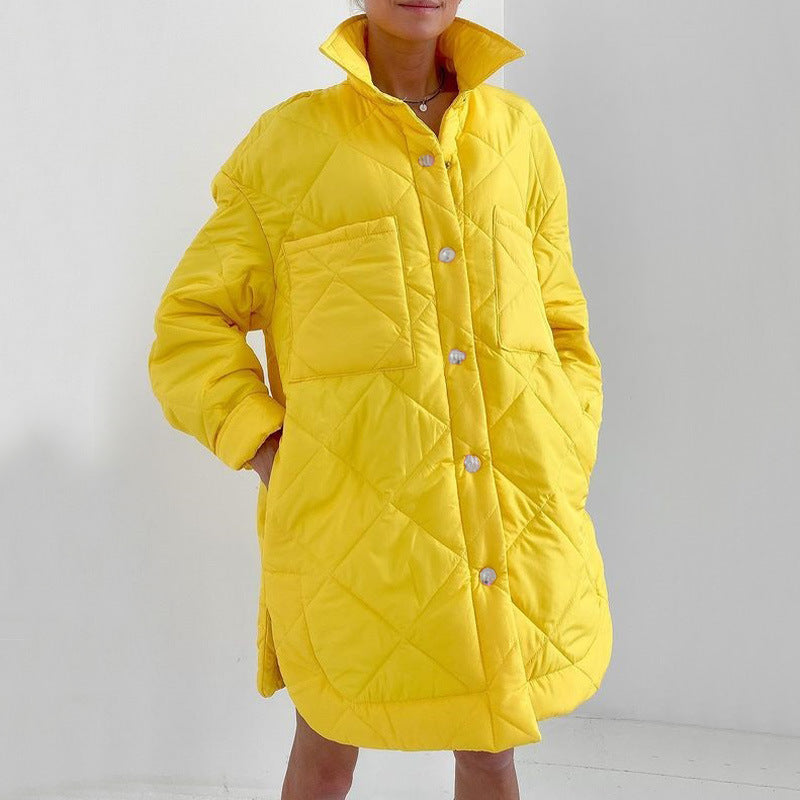 Women's Oversized Collared Quilted Mid Puffer Jacket