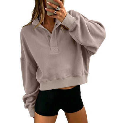 Cropped Henley Sweatshirt Polo Collar Relaxed Fit