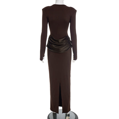 Women's Boat Neck Long Sleeve Ruched Bodycon Maxi Dress
