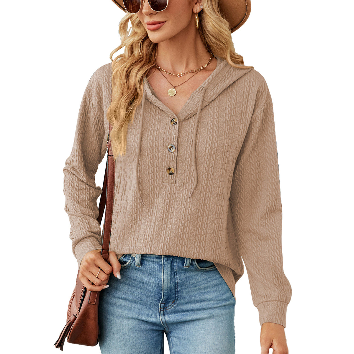 Women's Oversized V-Neck Button Hoodie Long Sleeve Top