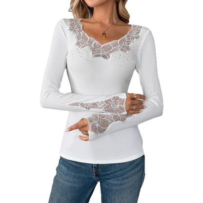 V-Neck Lace Trim Rhinestone Long Sleeve Top for Women