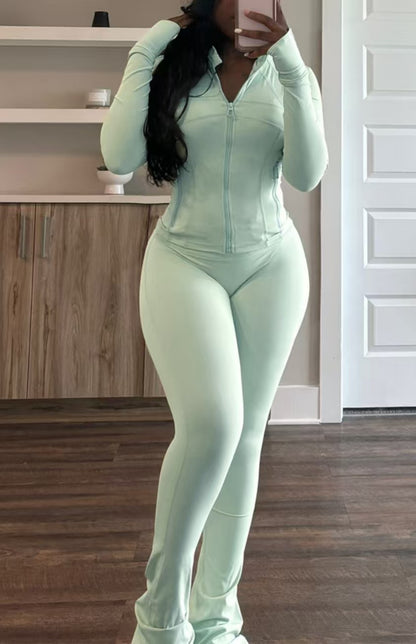 Women's Sexy Zip Up Crop Top & Flare Pants 2 Piece Set