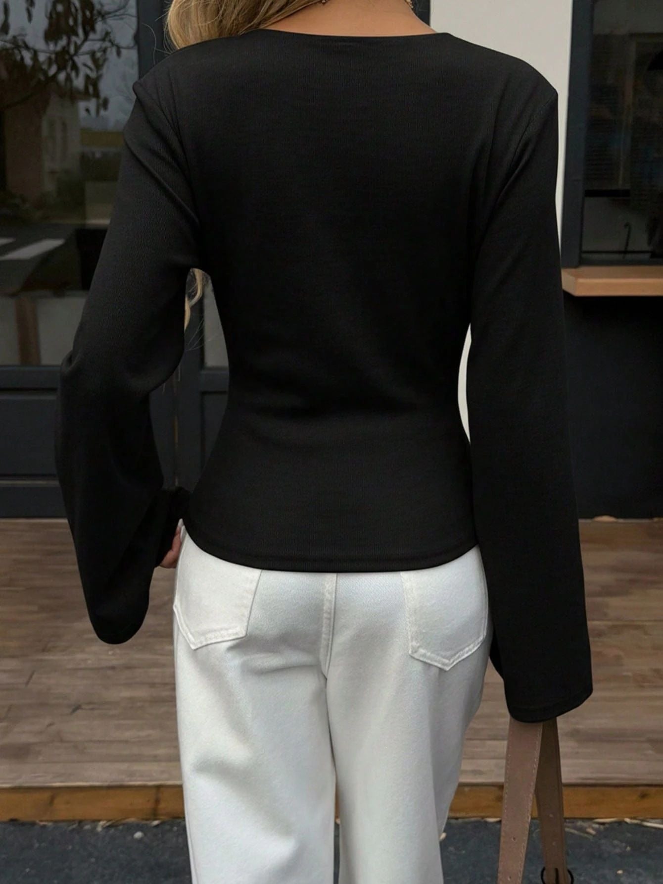 V Neck Flare Sleeve Slim Fit Y2K Long Sleeve Top