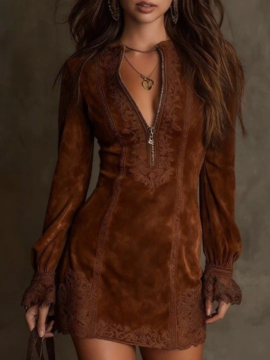 Women's Suede Lace Zip Front Long Sleeve Midi Dress