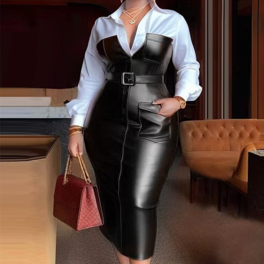 Color Block Faux Leather Belted Shirt Dress Midi