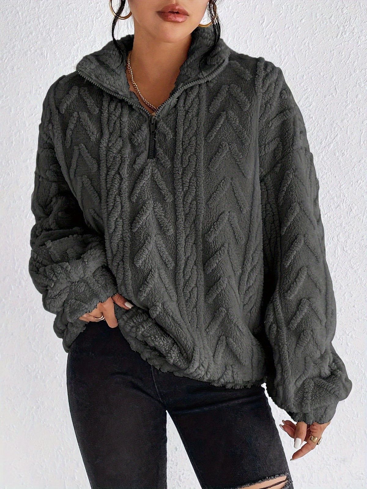 Women's Sherpa Jacquard Quarter Zip Pullover Sweatshirt