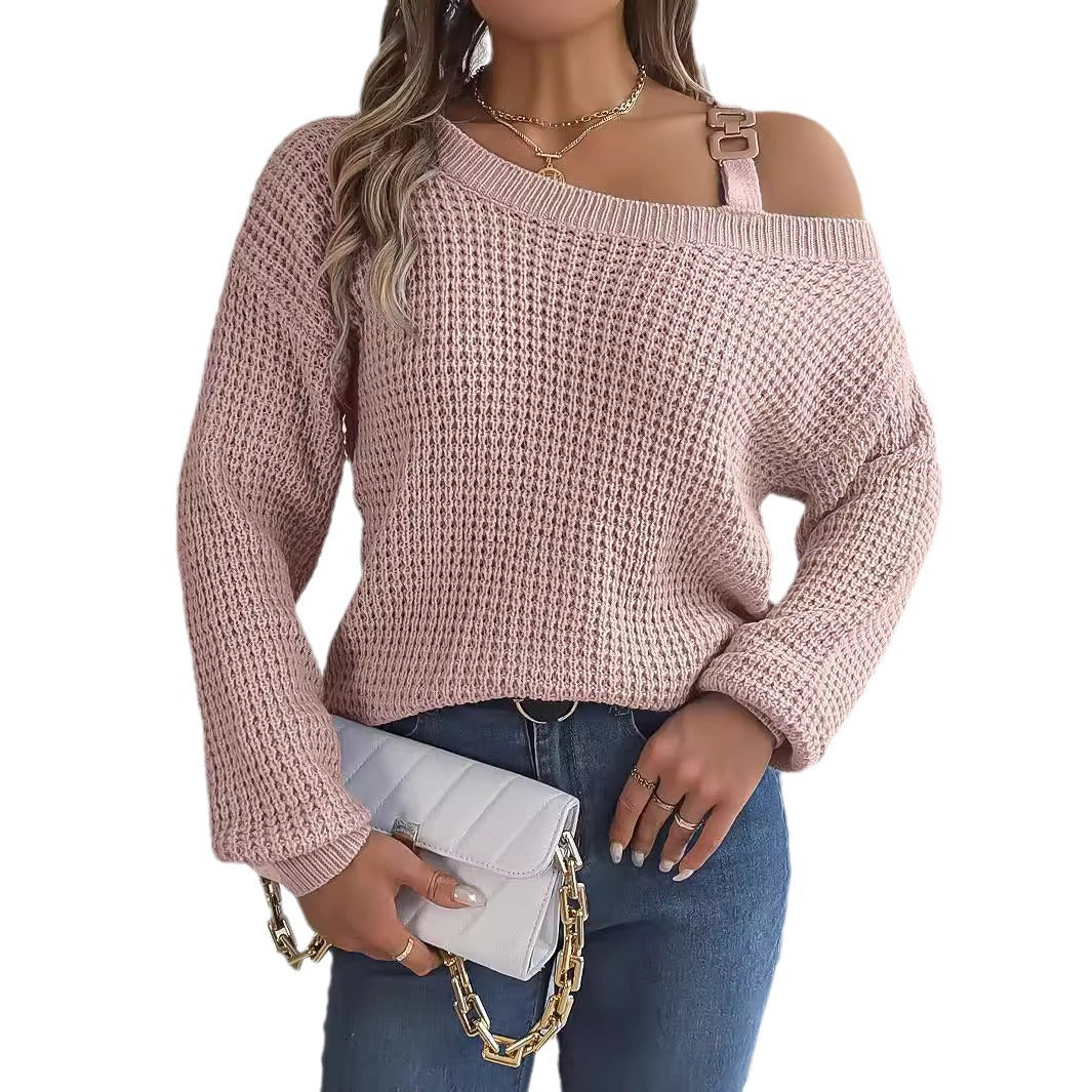 Women's Off Shoulder Buckle Balloon Sleeve Knit Sweater
