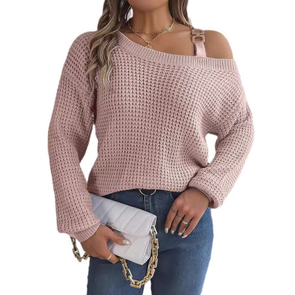 Women's Off Shoulder Buckle Balloon Sleeve Knit Sweater