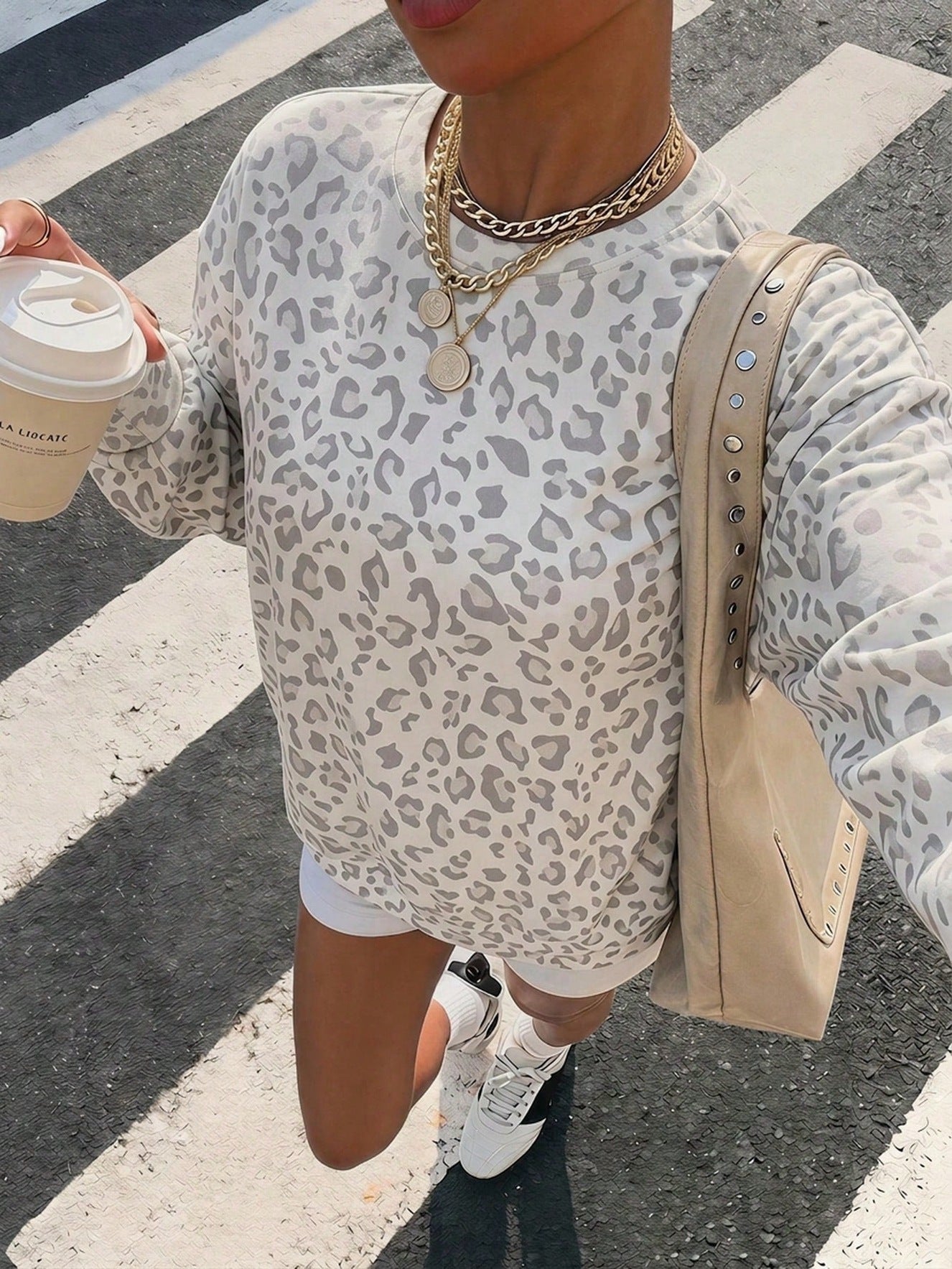 Leopard Print Sweatshirt Relaxed Fit Crew Neck Pullover