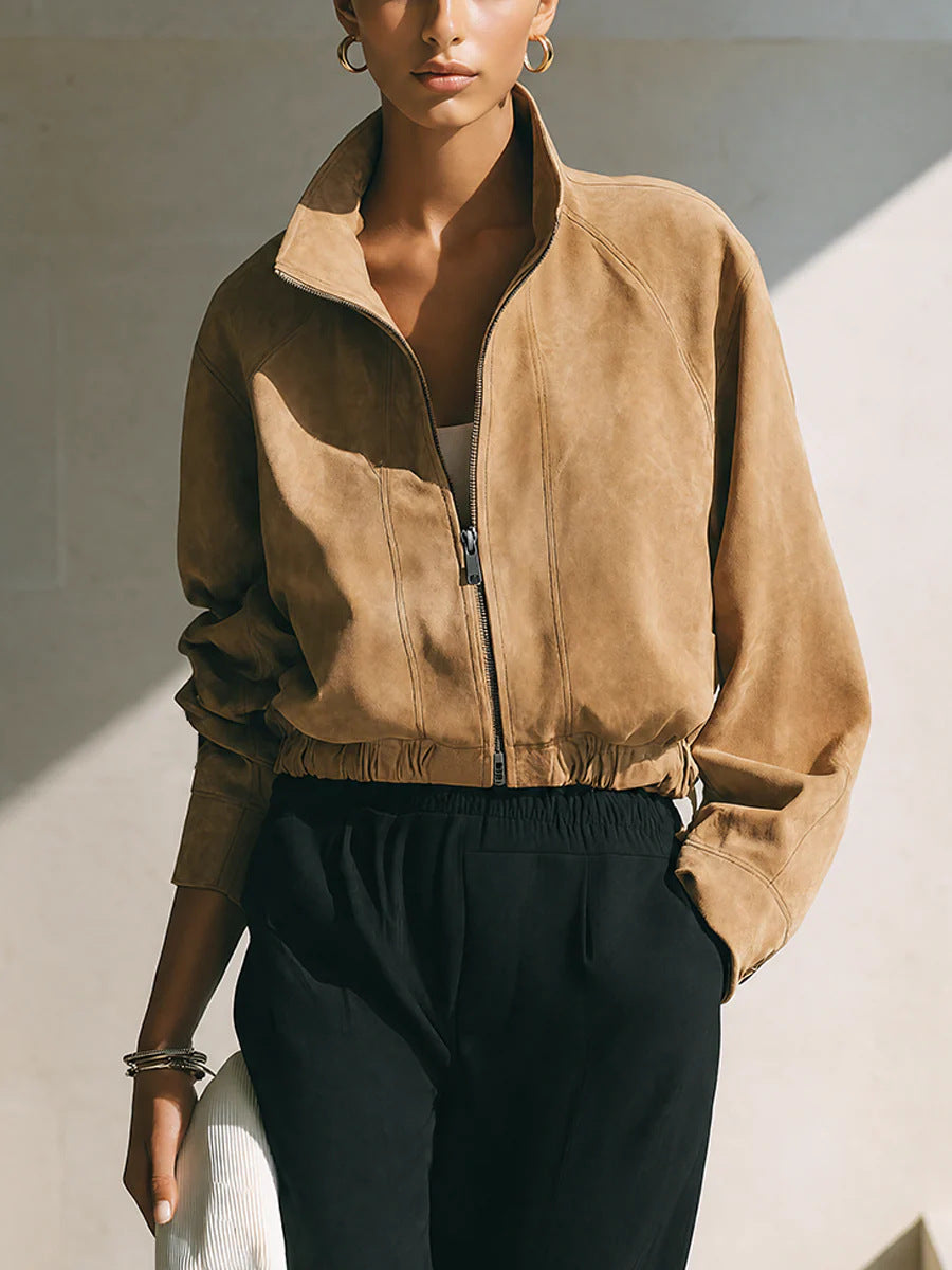Women's Vintage Faux Suede Zip Up Bomber Jacket