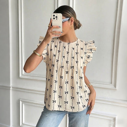 Bow Print Ruffle Sleeve Blouse Vintage Floral Casual Top