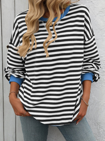 Striped Crew Neck Sweatshirt Loose Fit Casual Sweater for Woman