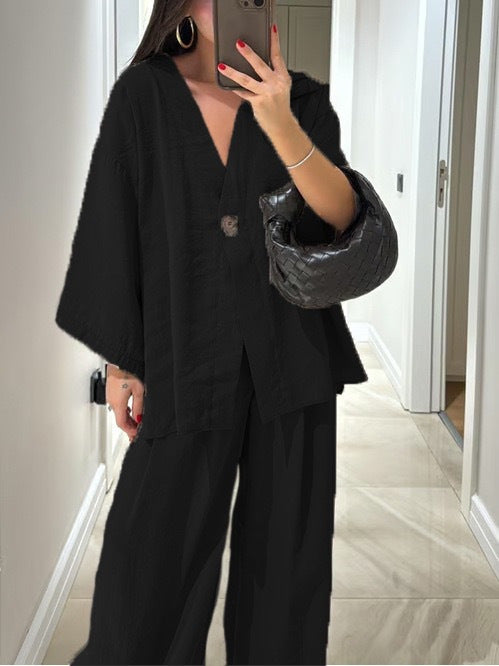 Oversized V-Neck Button Top & Wide Leg Pants Matching Set