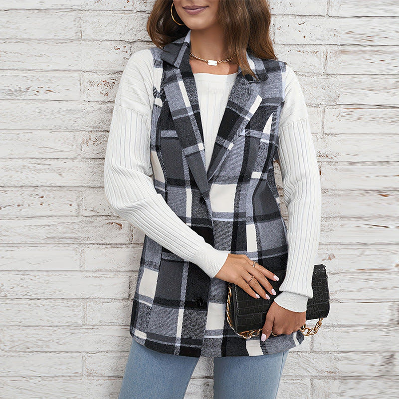 Women's Plaid Lapel Blazer Vest Button Front