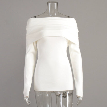 Women's Off Shoulder Draped Knit Fitted Long Sleeve Sweater