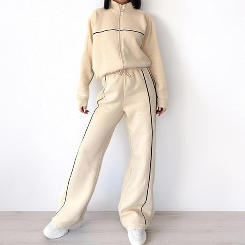 Women's Striped 2 Piece Tracksuit Zip Jacket Wide Leg Pants