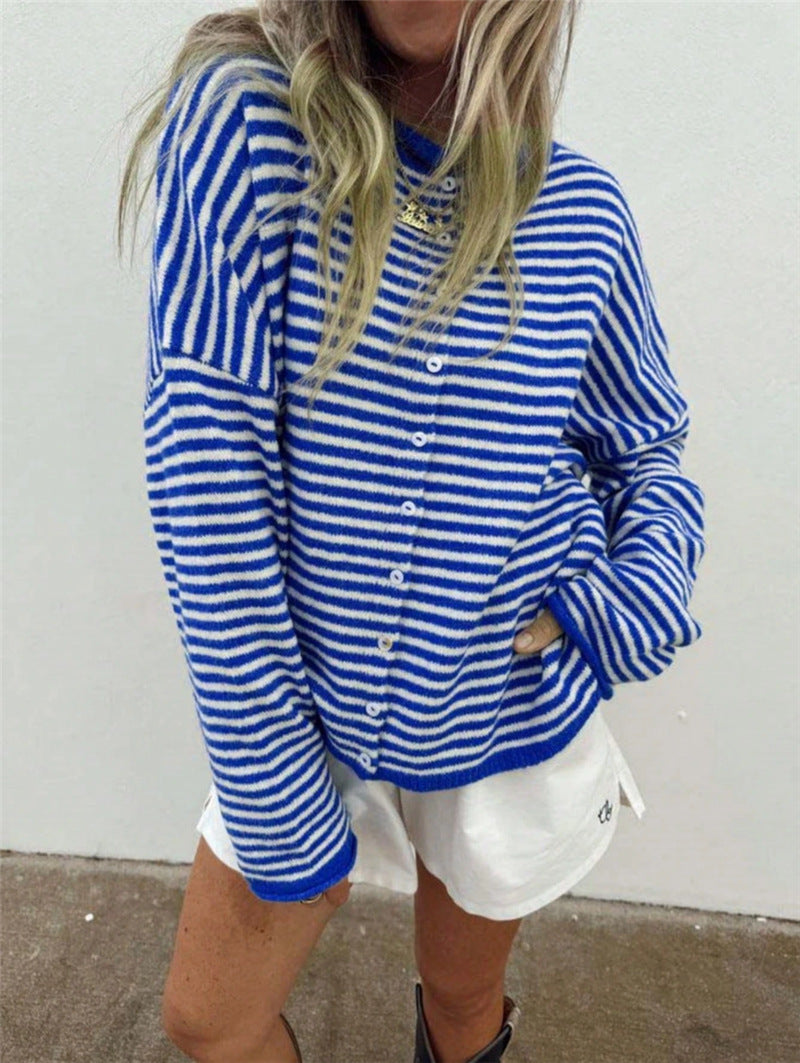 Women's Streetwear Striped Knit Button Cardigan Sweater