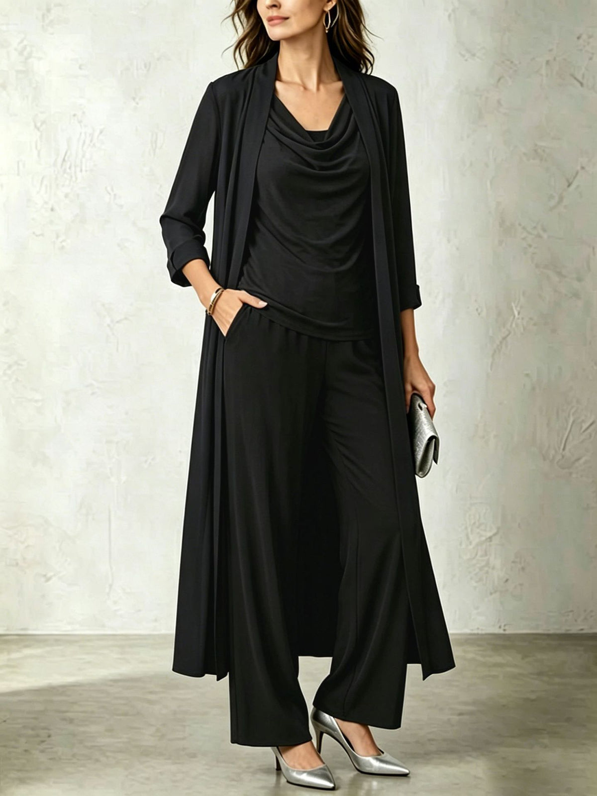 Women's 3 Piece Cowl Neck Long Cardigan Wide Leg Pants Set