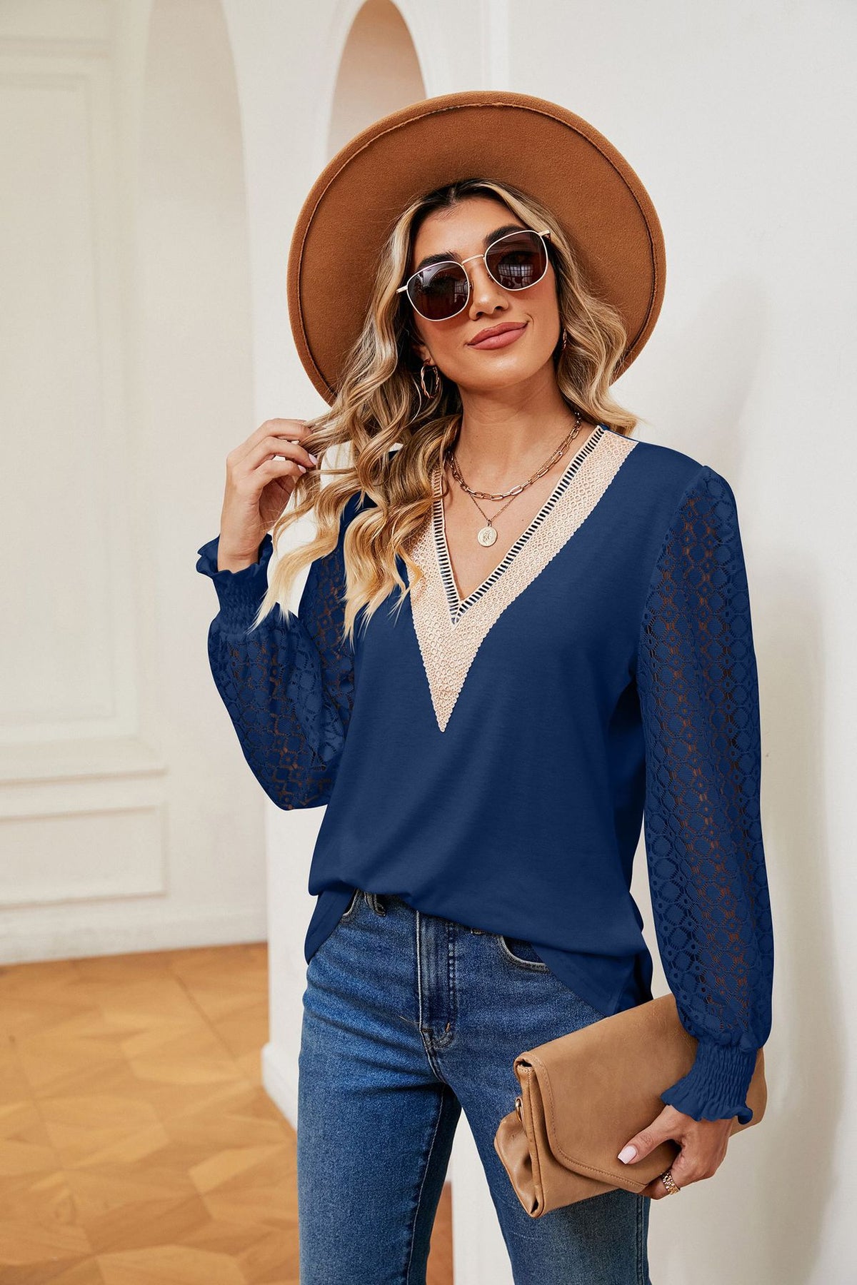 V-Neck Lace Long Sleeve Loose Fit Tunic Top