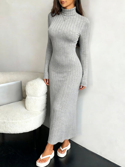 Ribbed Turtleneck Long Sleeve Bodycon Maxi Dress