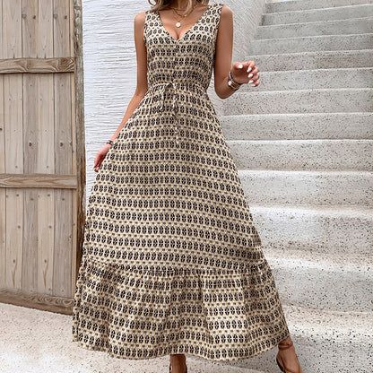 Boho Geometric Print Midi Dress Sleeveless V Neck Dress