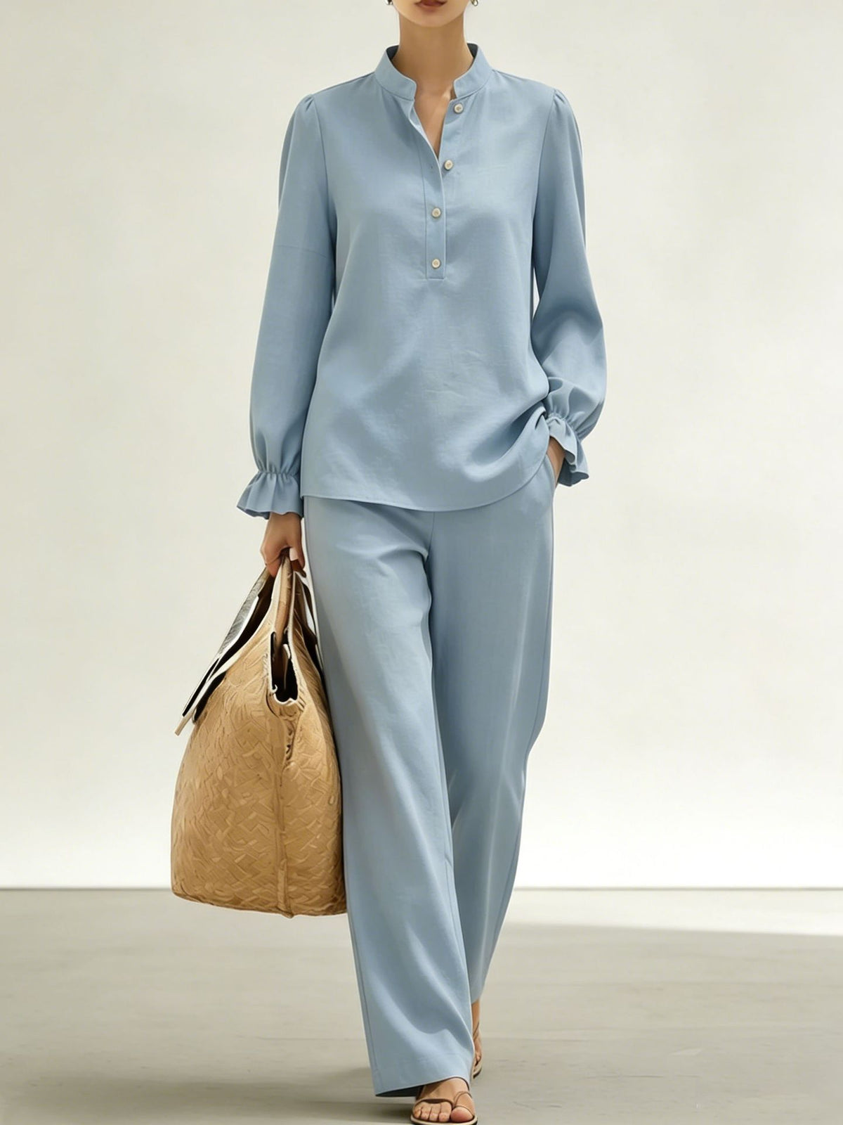 Women's Puff Sleeve Blouse Wide Leg Pants Matching Set