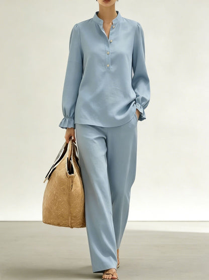 Women's Puff Sleeve Blouse Wide Leg Pants Matching Set