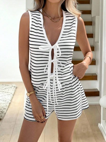 Striped Lace Up Sleeveless Romper Casual Summer Set