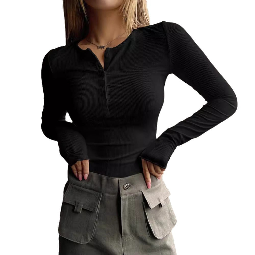 Women's Ribbed Henley Long Sleeve Fitted Knit Top