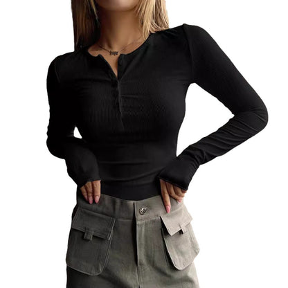 Women's Ribbed Henley Long Sleeve Fitted Knit Top