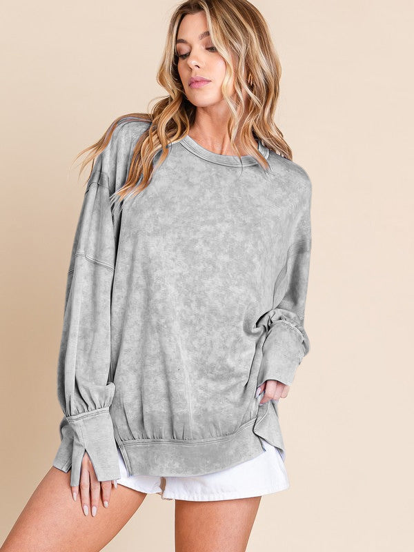 Acid Wash Oversized Sweatshirt Side Slit Drop Shoulder