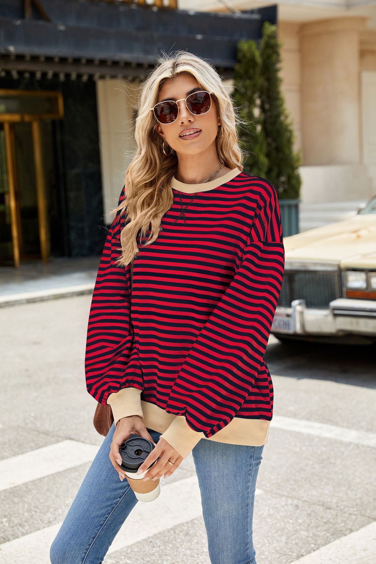 Striped Color Block Crew Neck Loose Fit Long Sleeve Sweatshirt