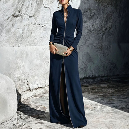 Ruched Mock Neck Zip Front Bodycon Slit Maxi Dress