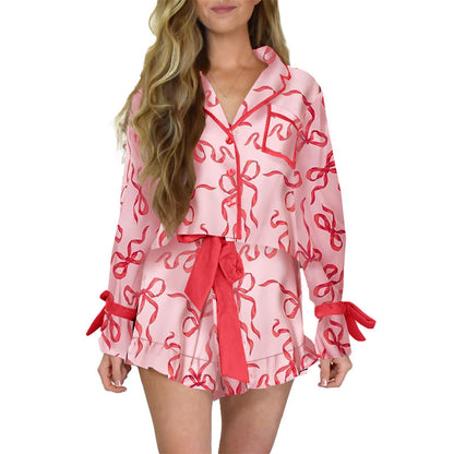 Women's Printed Satin Pajama Shorts Set Long Sleeve