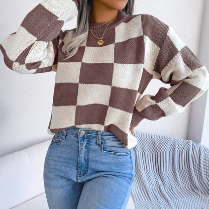 2025 Fall/Winter Colorblock Checkered Knit Sweater - Street Style
