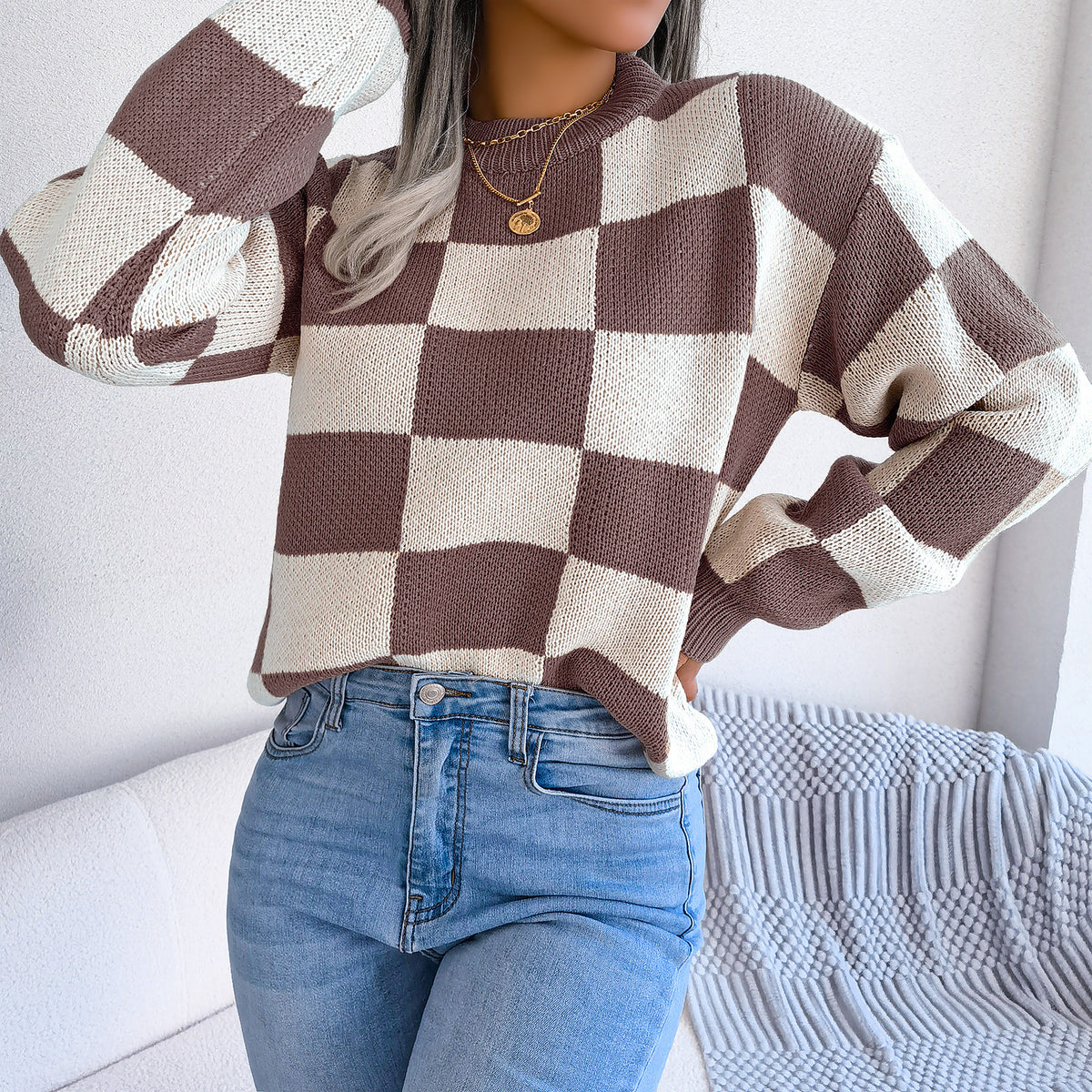 Women's Colorblock Checkerboard Balloon Sleeve Sweater