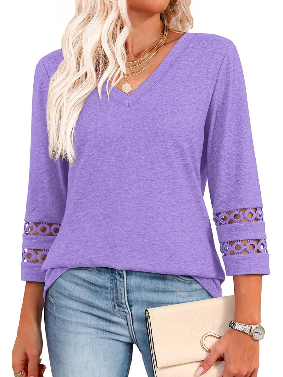 Women's V Neck 3/4 Sleeve Crochet Trim Loose Casual Blouse