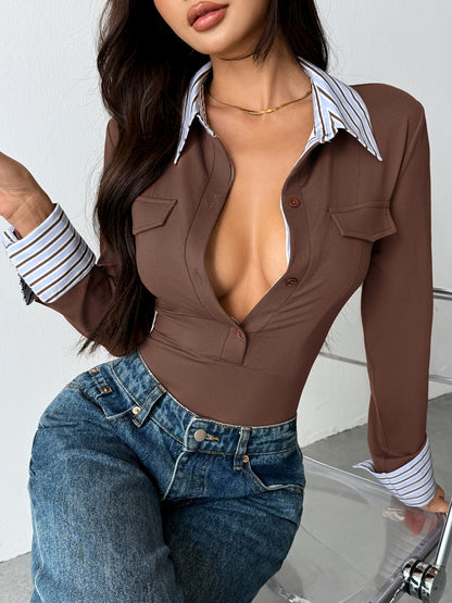 Contrast Stripe Collar Slim Fit Button Front Bodysuit