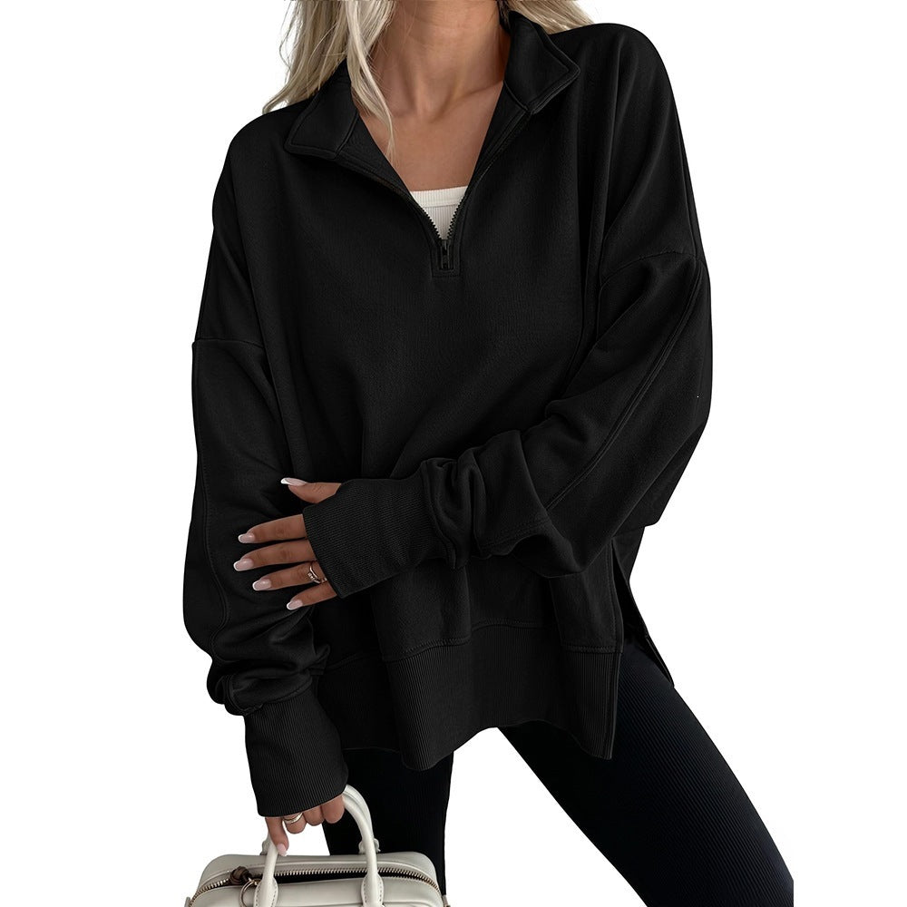 Half Zip Side Slit Relaxed Fit Pullover Sweatshirt