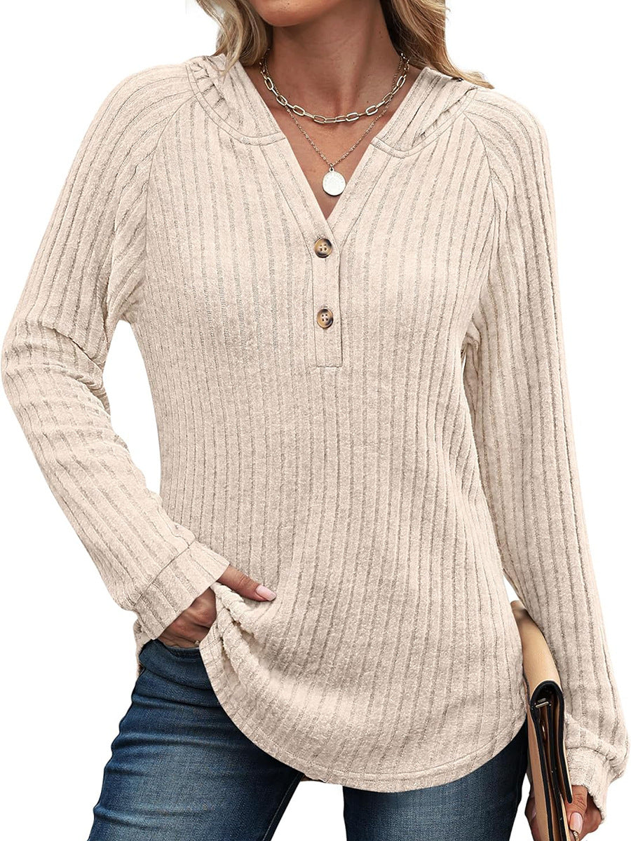 Women's Hooded V Neck Button Waffle Knit Pullover Top