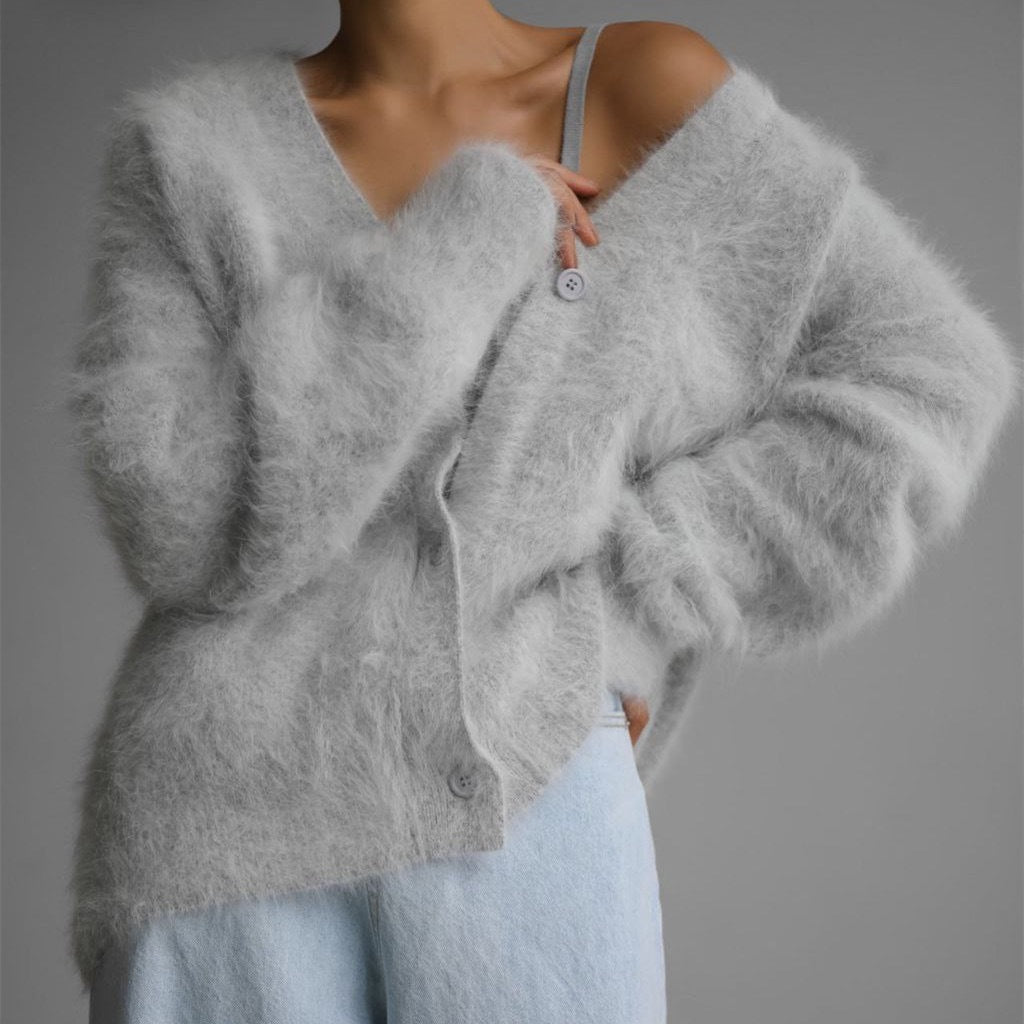 Oversized Fuzzy V-Neck Cardigan Sweater