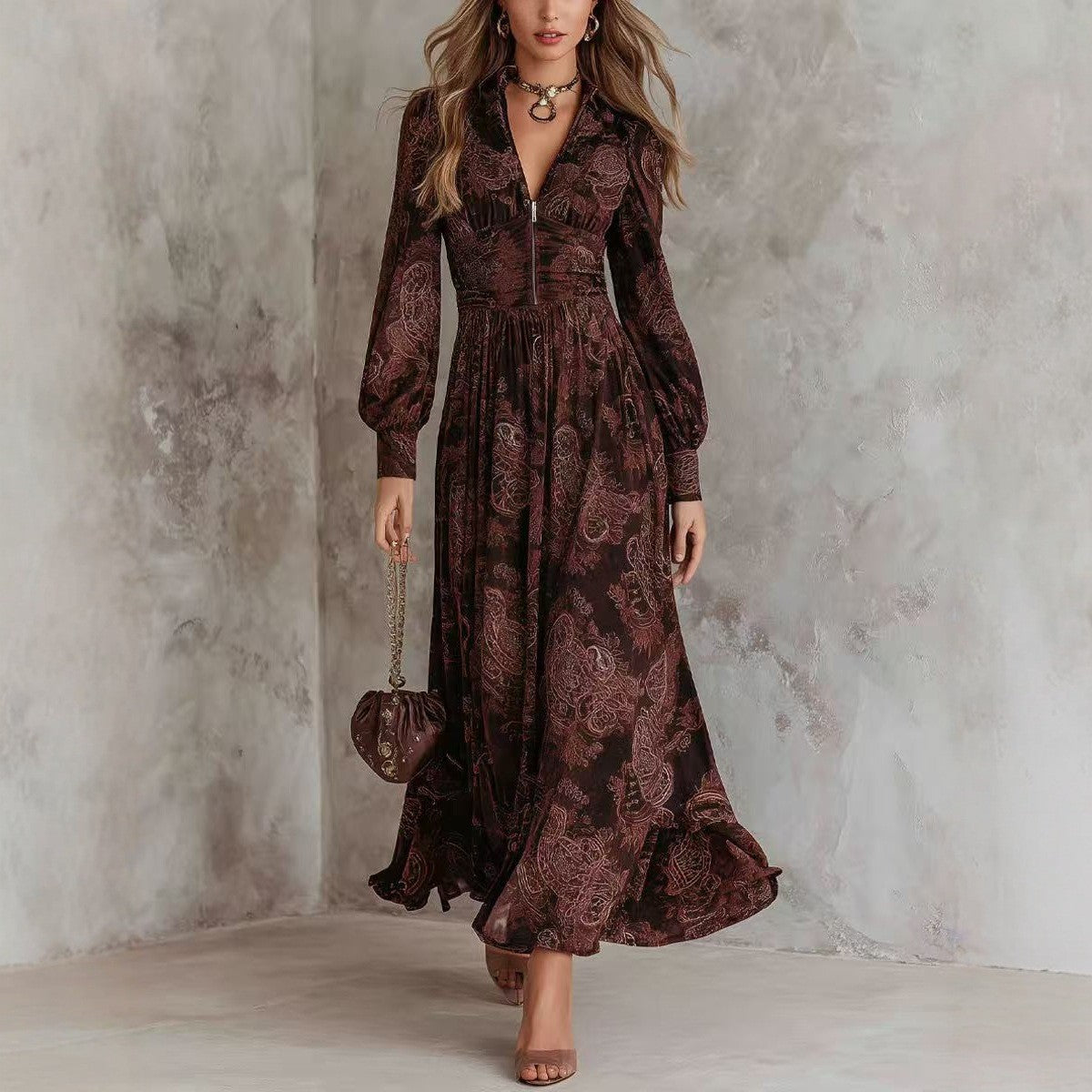 Women's Vintage Paisley V-Neck Puff Sleeve Maxi Dress
