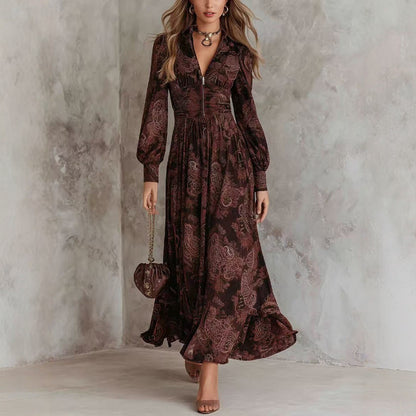 Women's Vintage Paisley V-Neck Puff Sleeve Maxi Dress