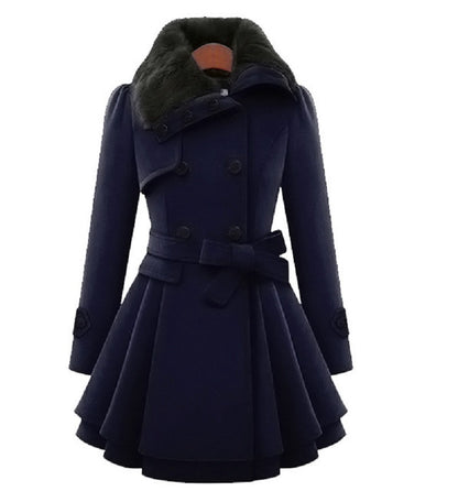 Plus Size Double Breasted Belted Wool Coat Faux Fur Collar