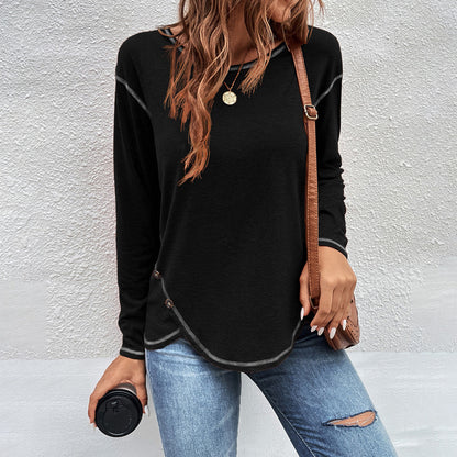Women's Side Button Long Sleeve Curved Hem Tunic Top