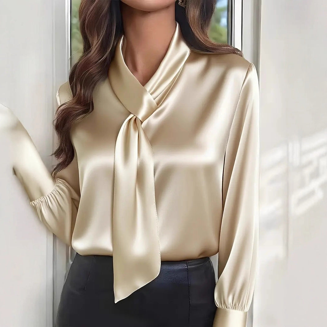 Satin Tie Neck Blouse Elegant Long Sleeve Top