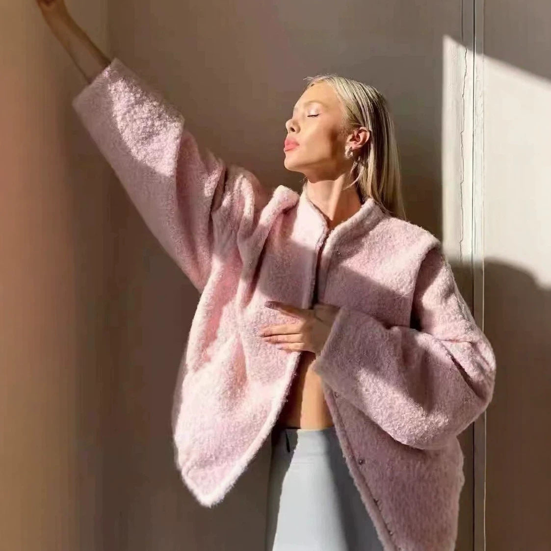 Women's Pink Cropped Sherpa Fleece Jacket Winter Coat