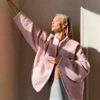 Women's Pink Cropped Sherpa Fleece Jacket Winter Coat