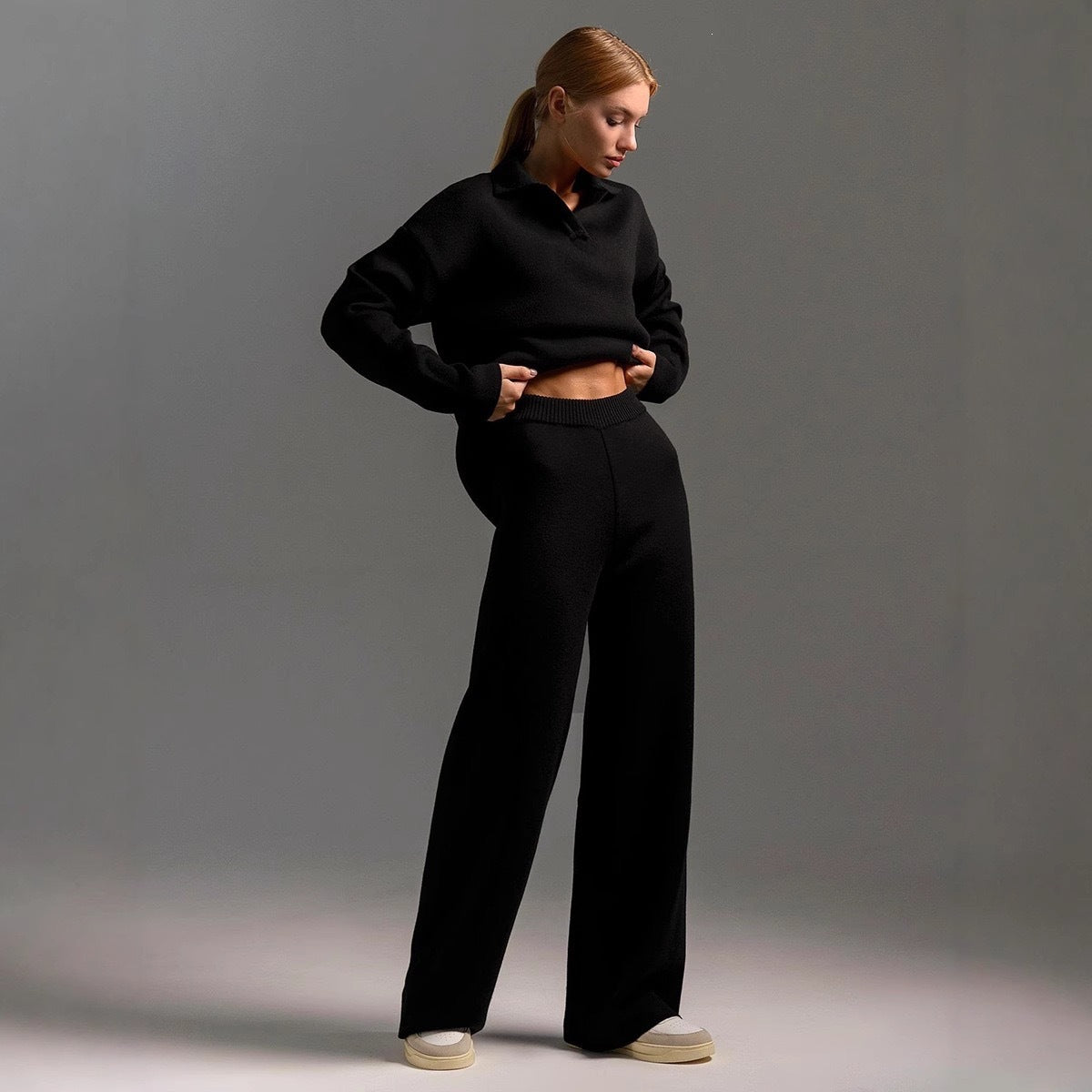 Women's Cozy Polo Top Wide Leg Pants Matching Set