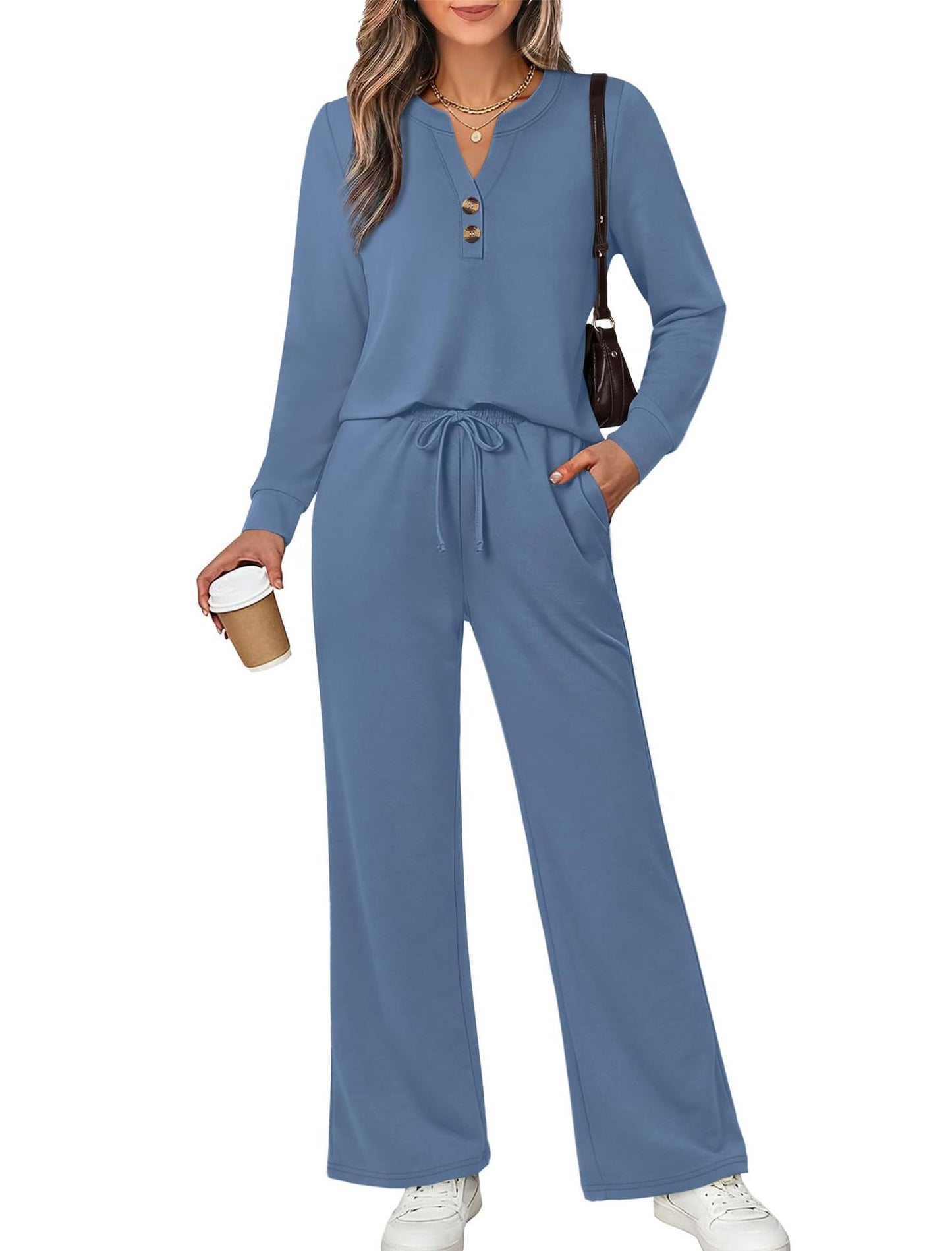 Women's 2 Piece Lounge Set Henley Top Wide Leg Pants